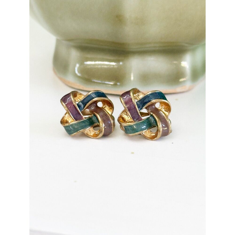 Vintage enamel earrings gold tone knot clip on earrings blue green plum